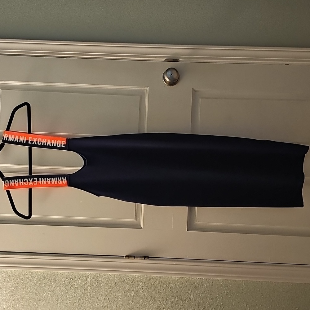 A | X ARMANI EXCHANGE NAVY BLUE STRETCHY DRESS WITH ORANGE NEON STRAPS LOGO NWOT - Picture 16 of 16
